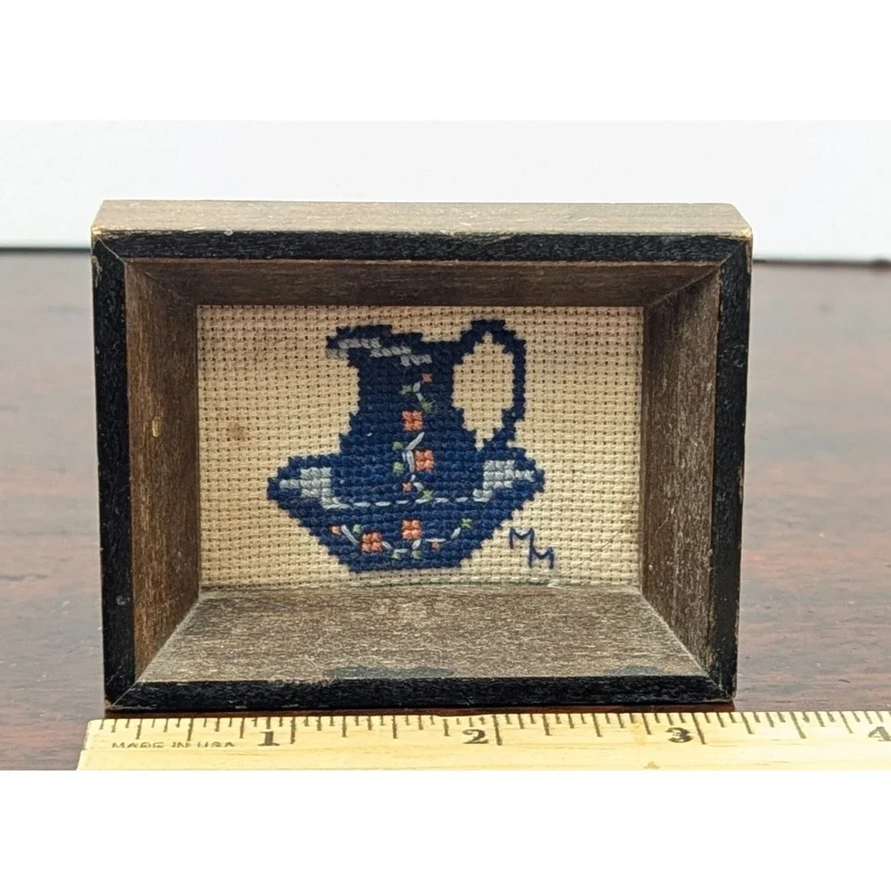Vintage Mini Framed Cross Stitch Blue Floral Pitcher Folk Art Dollhouse Decor